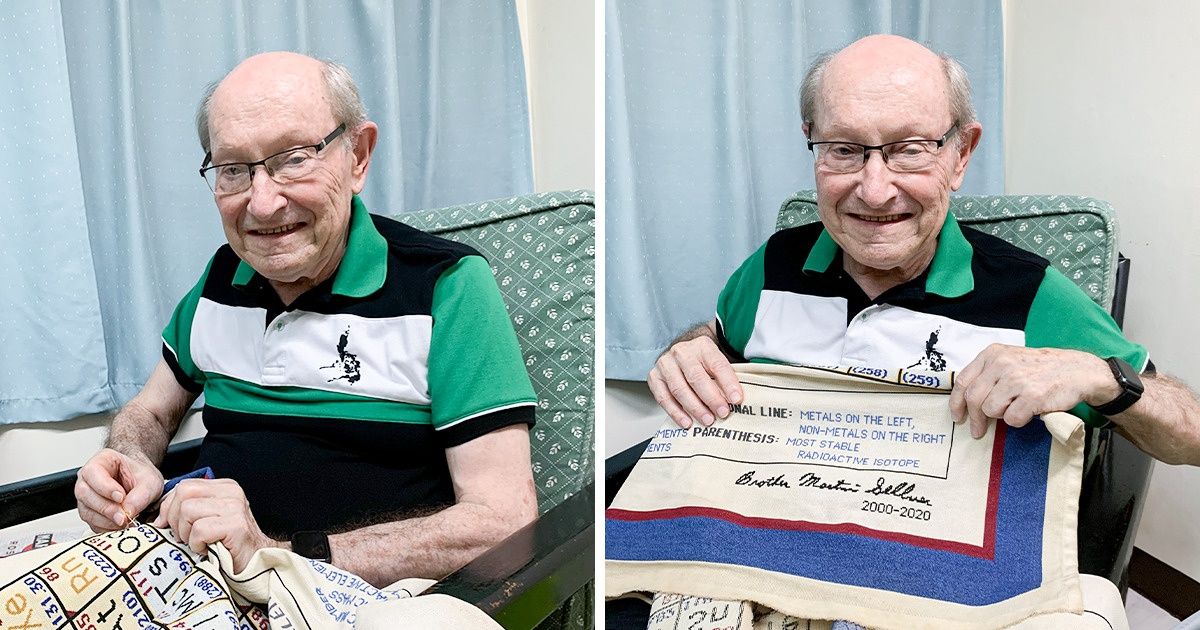 Un professeur retraité de 83 ans combine ses deux passions, la broderie et la chimie