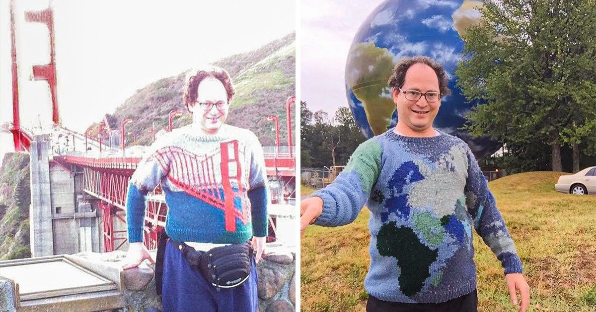 Cet homme aime tricoter des pulls représentant des lieux célèbres et ensuite, prendre la pose avec eux Cet homme aime tricoter des pulls représentant des lieux célèbres et ensuite, prendre la pose avec eux