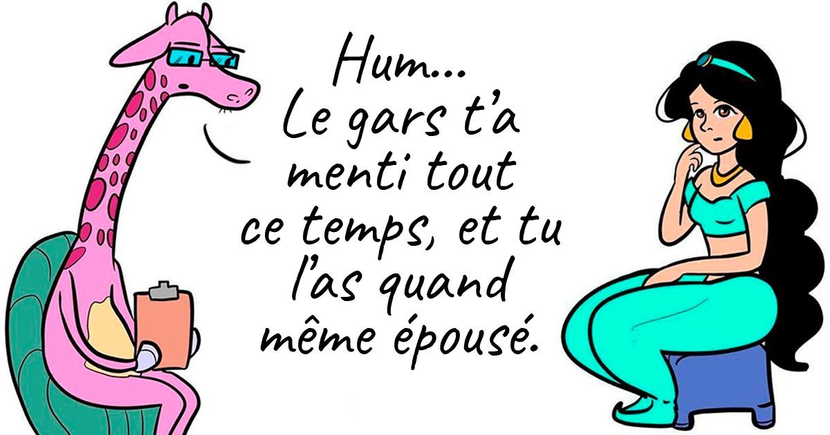 Une girafe psychologue reçoit les princesses de Disney dans son cabinet, et leur dit la vérité sur leur vie