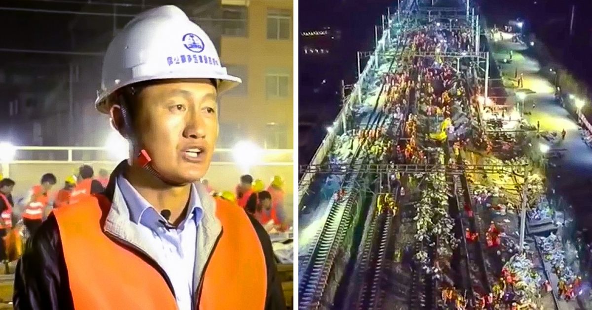 En Chine, pendant que tout le monde dormait tranquillement, ces ouvriers ont installé une voie ferrée en une seule nuit...