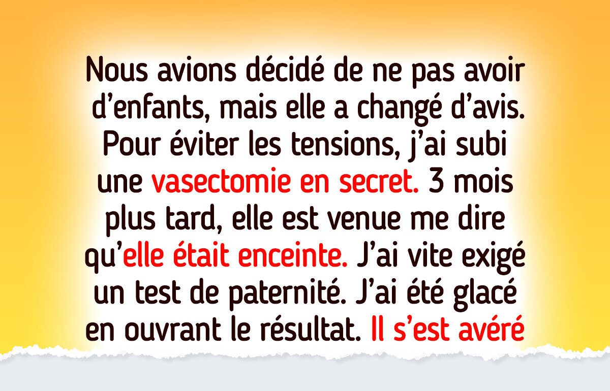 Ma femme m’annonce qu’elle est enceinte, mais elle ignore que j’ai subi une vasectomie