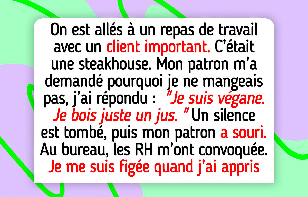 J’ai refusé de manger de la viande lors d’un déjeuner de travail, et maintenant les RH sont impliquées