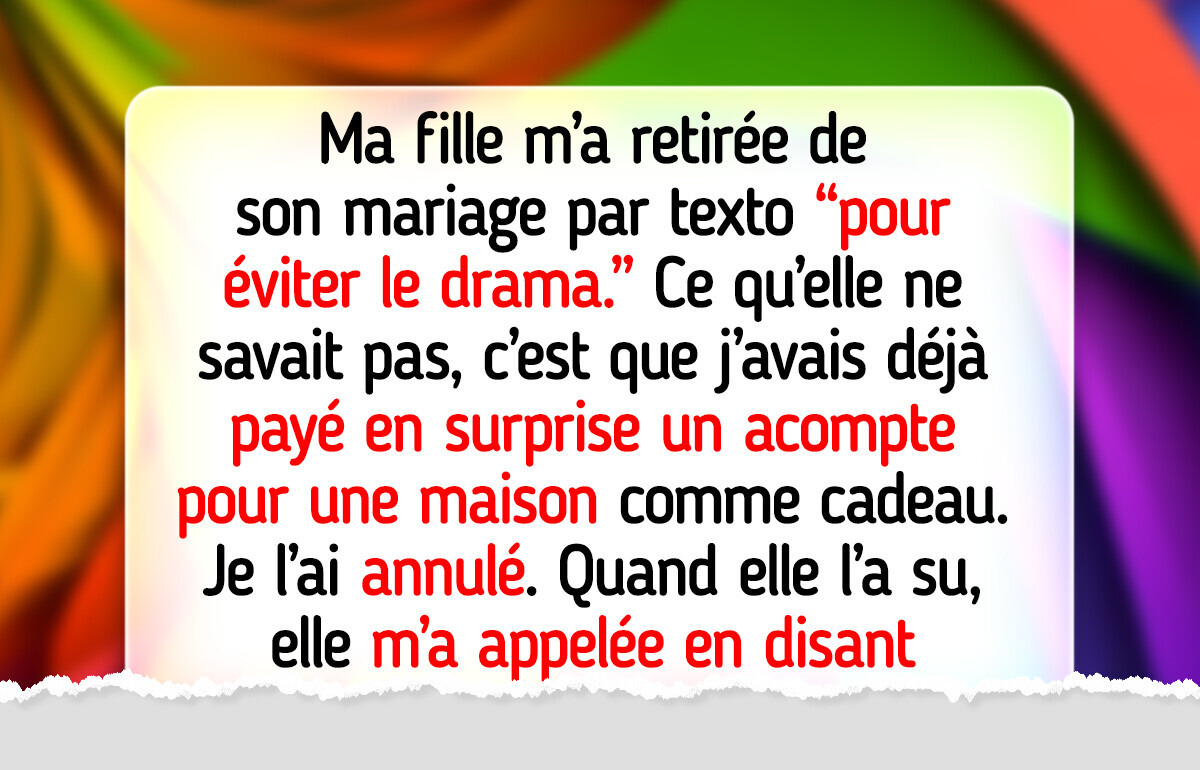 Désinvitée du mariage de ma fille, j’ai annulé son cadeau, mais sa réponse m’a sidérée Désinvitée du mariage de ma fille, j’ai annulé son cadeau, mais sa réponse m’a sidérée