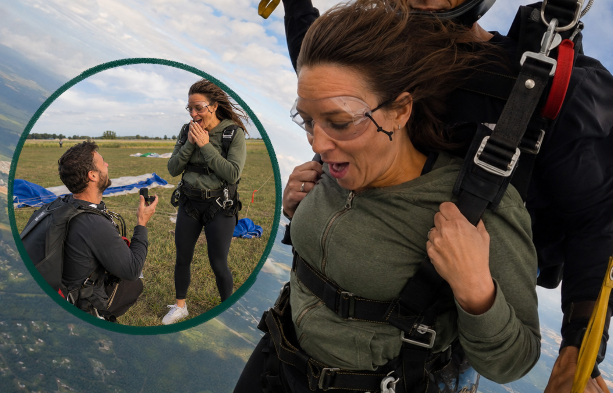 À près de 4 km d’altitude, cet homme a demandé sa compagne en mariage en plein saut en parachute À près de 4 km d’altitude, cet homme a demandé sa compagne en mariage en plein saut en parachute