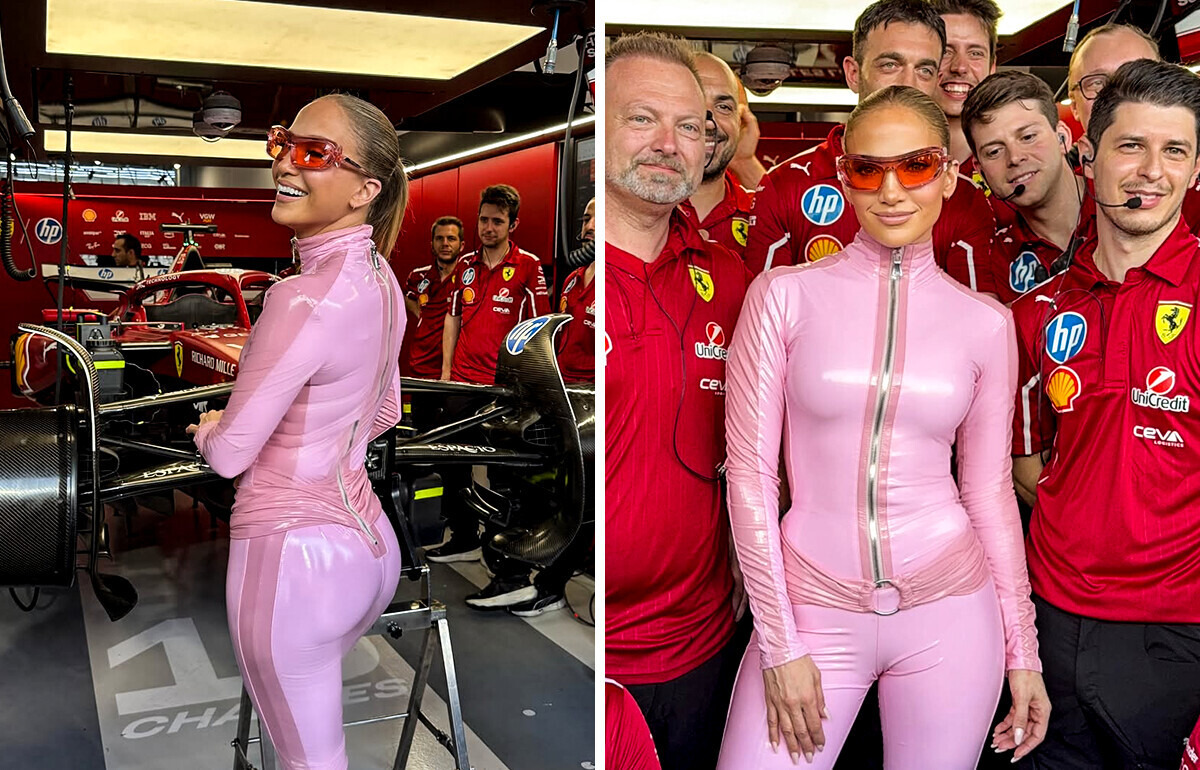 J.Lo pose tout en rose Barbie dans un garage Ferrari et un détail intrigue les internautes J.Lo pose tout en rose Barbie dans un garage Ferrari et un détail intrigue les internautes